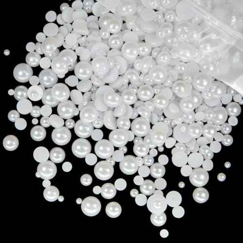 51g White Half Pearls for Crafting 4mm 5mm 6mm 8mm 10mm Mix Sizes Pure White Flatback Round Beads Charms for Nails Face Eyes Makeup Tumblers Bottles DIY Crafts Bedazzling Clothes Shoes Phones