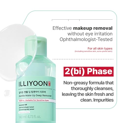 Illiyoon Gentle Deep Eye Makeup Remover | for Waterproof Mascara, Lipstick, Eyeliner, Non-Greasy 2-Phase Oil & Water Formula, Ophthalmologist Tested, Vegan, Korean Skin Care, 4.73 fl.oz.