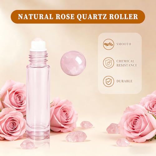 Rose Quartz Roller Bottles 10ml Essential Oils Set - 8 Color-Coded Glass Bottles
