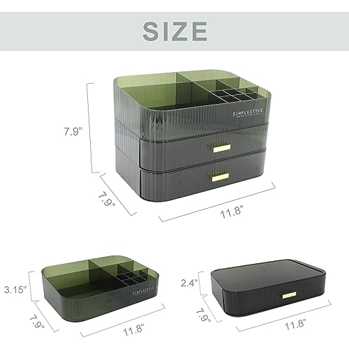 Makeup Organizer with 2 Drawers, Cosmetics Organizer for Bedroom and Bathroom Vanity Countertops, Large Capacity Cosmetic Storage Box for Skincare Cream Perfume Lipstick Dresser Counter-Green