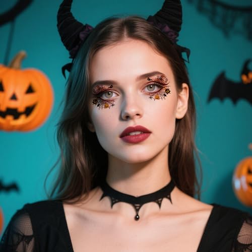10 Pcs Halloween Eye Tattoos,Colourful Spider Web and Bat Design Eye Tattoos Temporary,Waterproof Sweatproof Day of the Dead Makeup, Halloween Temporary Tattoo for Women Men Party Cosplay