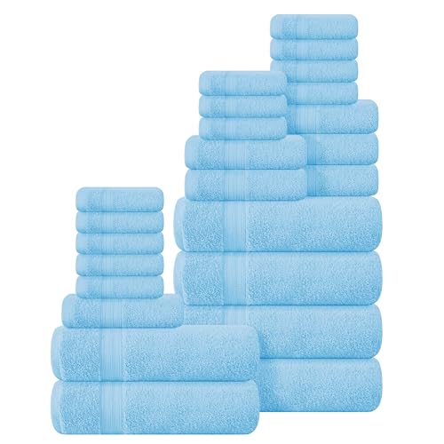 BOUTIQUO 24 Pack Cotton Towel Set, Contains 6 Bath Towels 27x54 inch, 6 Hand Towels 16x24 inch & 12 Wash Coths 12x12 inch, Ideal Everyday use, Ultra Soft Compact & Lightweight - Sky Blue