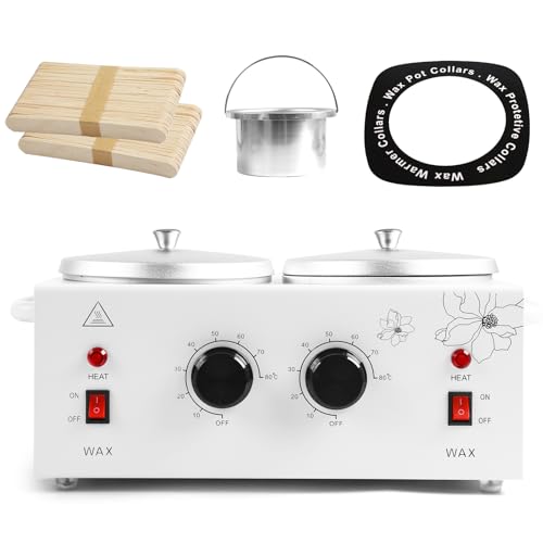 1.2L Double Pot Wax Warmer, Electric Depilatory Heater Machine with Adjustable Temperature for Hair Removal & Facial Spa, Includes 40 Wax Sticks & 20 Collars