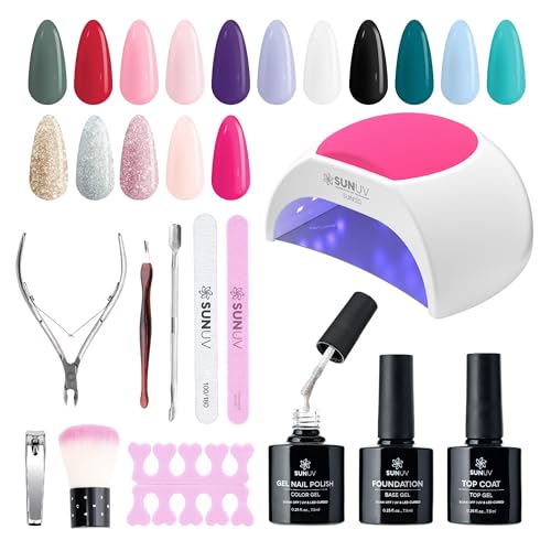 SUNUV Gel Nail Polish Kit with SUN2C UV LED Lamp & 16 Colors - 27 Pcs