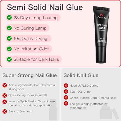 CurvLife Nail Tips Semi Solid Nail Glue 2g (5pcs) - Super Strong, Soft Glue Gel Quick Drying Adhesive for Press On Nails, No UV Light Needed
