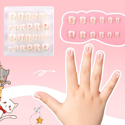 Kawyehu Kids Press on Nails 72Pcs French Donut Heart Short Full Cover False Nails