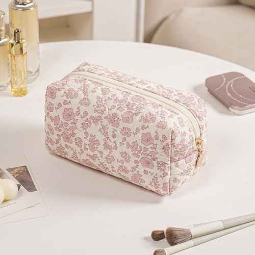 Gleyemor Small Quilted Makeup Bag for Women, Cute Floral Bow Cosmetic Bag, Emergency Bag Travel Toiletry Cotton Pouch Gifts for Girls Her Mom Friend Sister Bridesmaid (Pink Flower)