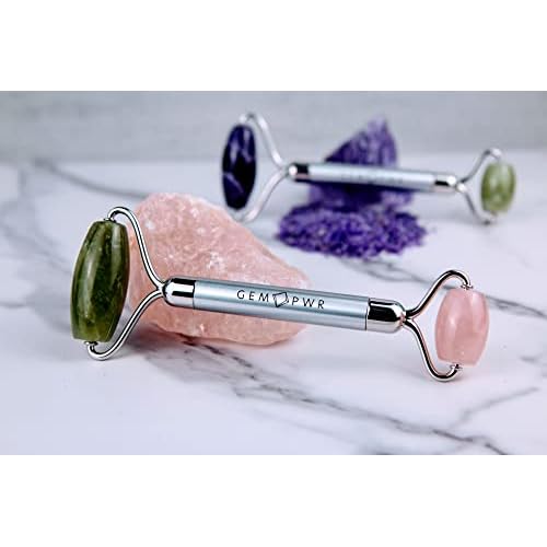 Rose Quartz + Jade Roller for Face and Neck Massage, Dual Gemstones with Durable Steel Handle and Travel Bag. Minimize Wrinkles, Reduce Puffiness and Restore Skin's Elasticity and Radiance