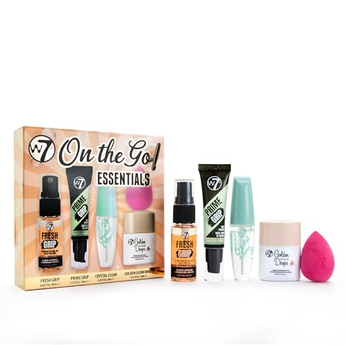 W7 On the Go Essentials Gift Set - Mini Makeup Must-Haves with Primer, Setting Spray, Mascara, Golden Glow Bronzing Drops & Beauty Sponge - Travel or Handbag Size Essentials
