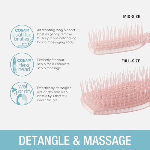 Conair Scalp Care Detangling hairbrush 2pk - Travel Hair Brush Set - Scalp Massager - hairbrushes for women & men - detangler for all lengths - use wet or dry - Blush Pink
