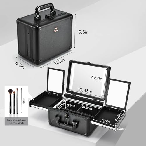 Makeup Case With LED Lighted Mirror 11.2 Inch Travel Makeup Train Case Adjustable Brightness in 3 Colors Cosmetic Organizer Artist Storage Box 2 Trays with Dividers Hard Make Up Vanity Black