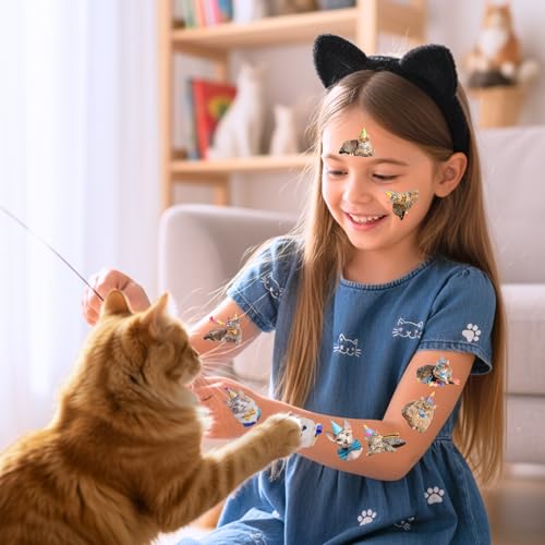 Cat Temporary Tattoos | Birthday Cat Birthday Party Decorations Party Favors Supplies Accessories D?cor Stickers Gift Idea For Kids Teen Boy Girl Adult 60Pcs 4 Sheets Pre-cut