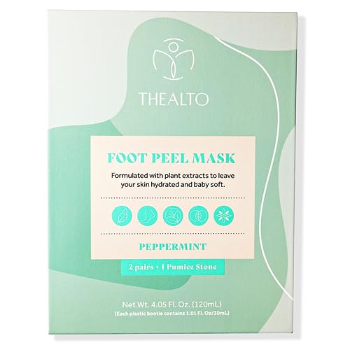 Thealto Foot Peel Mask Set - 2 Peppermint Scented Masks with Pumice Stone for Soft, Smooth Feet