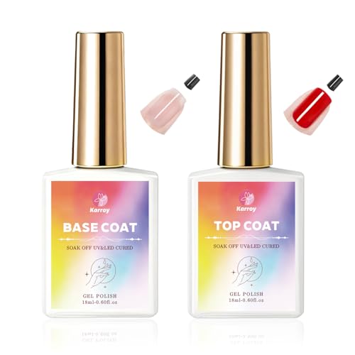 Karroy No Wipe Gel Polish Top Coat & Base Coat Set 2PCS 18ml Long-Lasting High Gloss