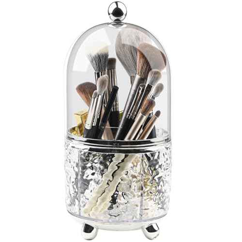 Makeup Brush Holder with Lid Cosmetic Tools Organizer 360 Rotating Make up Brushes Storage for Vanity, Waterproof & Dustproof (Clear)