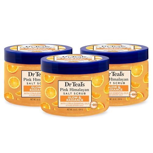 Dr Teal's Pink Himalayan Salt Body Scrub, Glow & Radiance with Pure Epsom Salt & Citrus Essential Oils 16 oz (Pack of 3) (Packaging May Vary)