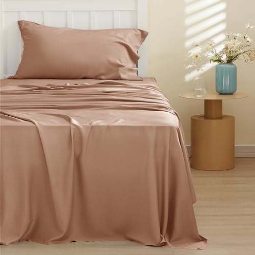 Bedsure Twin Sheets Set, Cooling Sheets Twin Size Bed Set, Rayon Derived from Bamboo, Twin Size Sheets, Breathable & Soft Bed Sheets, Hotel Luxury Silky Bedding Sheets & Pillowcases, Taupe