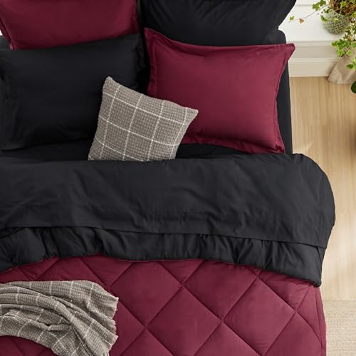 Bedsure Burgundy and Black Twin Comforter Set - 5 Pieces Reversible Twin Bed in a Bag, Twin Bed Set Burgundy and Black with Comforters, Sheets, Pillowcase & Sham