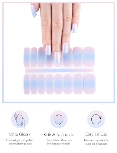 AutyaMee Semi Cured Gel Nail Strips (Blue Pink Ombre)-16 Pcs Gradient UV Nail Stickers | UV Light Required | Gel Nail Wraps, Light Slimmer And More Translucent