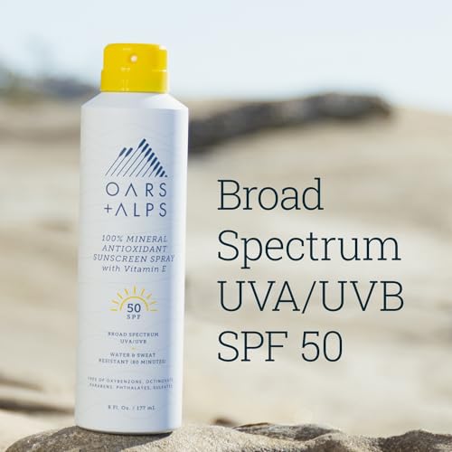 Oars + Alps Mineral SPF 50 Sunscreen Spray, Infused with Vitamin E and Antioxidants, Water and Sweat Resistant, 6 Oz