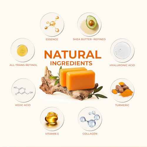 Kojic Acid Soap, Turmeric Soap Bar for Dark Spots Brightening & Moisturizing with Collagen, Vitamin E, Retinol, Hyaluronic Acid, Shea Butter, Paraben & Sulfate-Free 105g x 2 Bars