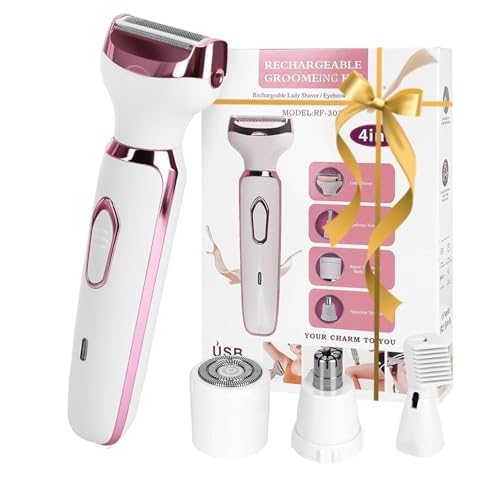 Women's Electric Shaver 4-in-1 - Waterproof Painless Hair Remover for Bikini, Face & Body, Cordless Wet/Dry Trimmer with Nose & Eyebrow Heads, Fast USB-C Charging, Gift for Women
