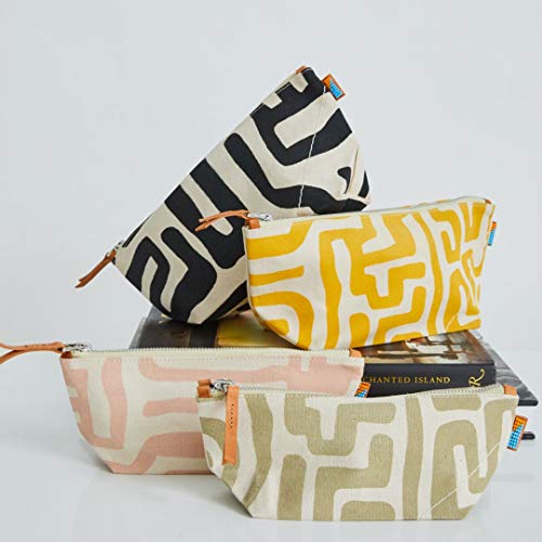 Ubuntu Life Kuba Pouch ? Makeup & Toiletry Bag for Women Made with Natural Cotton Canvas, Stylish Cosmetic Bag with Kuba African Print (Black & Eggshell, Large)