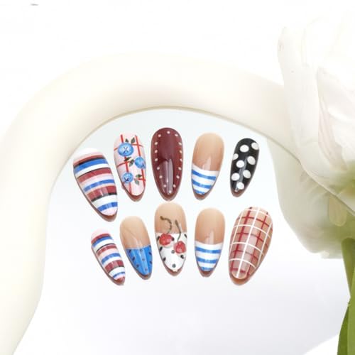 24Pcs Red White and Blue Press on Nails Medium Length Almond Y2k Fake