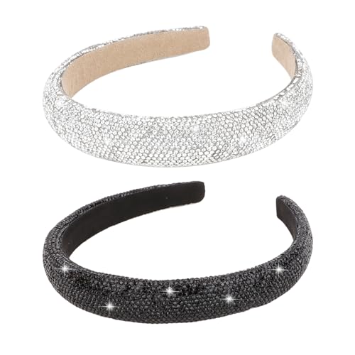 Jaciya 2 Pieces Rhinestone Headbands for Women Sparkly Glitter Head Bands for Girls Hair Cute Crystal Headbands Silver Headband Rhinestone Hair Accessories(Silver/Black)