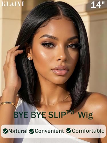 KLAIYI Bye Bye Slip Bob Wig 12" Human Hair Glueless 7x5 HD Lace
