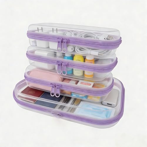 4Pcs/3S+1M Clear Hard Shell Zippered Travel Case ? Plastic Organizer Pouch for Toiletries, Cosmetic Bag, Diaper Bag & Packing Accessories (Purple, Set B)