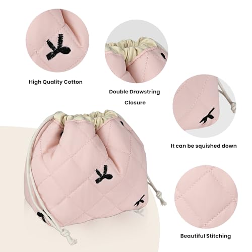 Large Makeup Bag, Cute Drawstring Cosmetic Bag with Canvas Lining, Floral Coquette Aesthetic Toiletry Bag, Travel Make Up Organizer Bag for Women and Girl (Pink Black Bow)