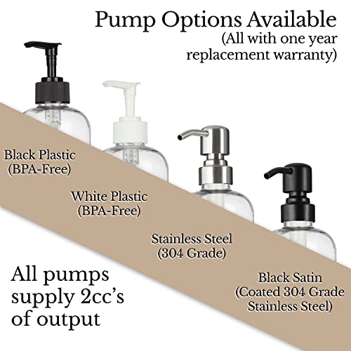 Clear Refillable Shampoo and Conditioner Bottles - Body Wash, Shampoo and Conditioner Dispenser - PET Plastic Shampoo Bottles Refillable with Pump - Waterproof Labels - 16 oz, 3 Pack (Black Plastic)