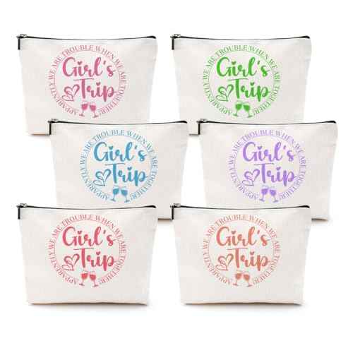 6Pcs Girls Trip Gifts Girls Weekend Makeup Bag Girls Trip 2025 Gifts Favors Summer Gifts Cosmetic Bag Toiletry Bag Zipper Pouch Weekender Bags for Women Girl Friendship Bachelorette Party Birthday