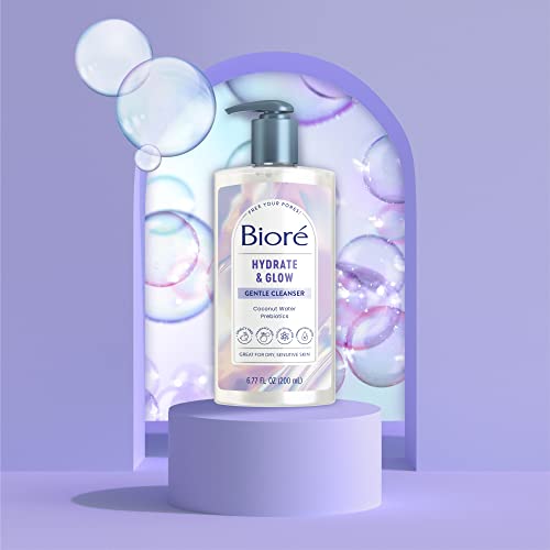 Bioré Hydrate & Glow Gentle Face Wash for Dry Skin, Sensitive Skin, Dermatologist Tested, Fragrance Free, SLS/SLES Sulfate Free Facial Cleanser, Cruelty Free & Vegan Friendly 6.77 Oz Bottle