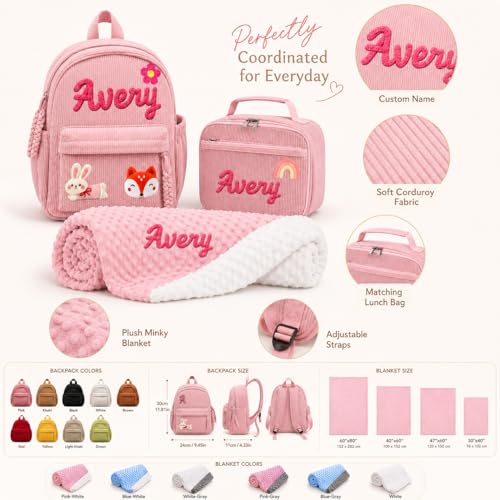 Personalized Girls Preschool Backpack & Lunch Bag Set with Blanket