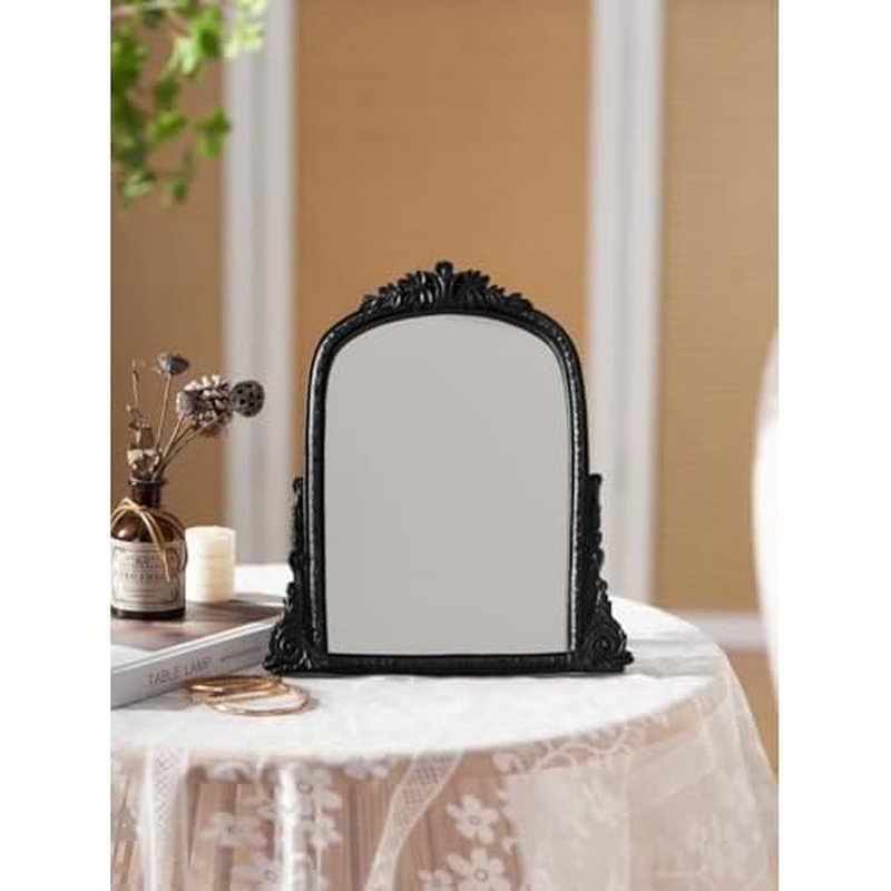 Vintage Black Vanity Makeup Mirror, Antique Arch Table Mirror with Carved Resin Frame, Small Standing Mirror for Bedroom, Living Room, Tabletop (13.2" x 12.8")