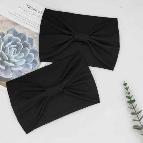 Wide Boho Headbands for Women Fashion Knotted Headband Yoga Workout Hair Accessories African Head Wrap Black 4 Pack