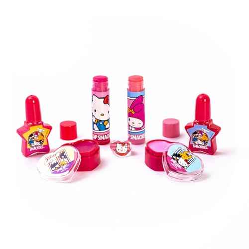 Lip Smacker Hello Kitty Nail Polish & Flavored Lip Balm Makeup Tote - Moisturizing Balms, Colorful Nail Polishes, Sanrio Accessory Ring, Stylish Tote Bag, Perfect Glam Gift for Hello Kitty Lovers