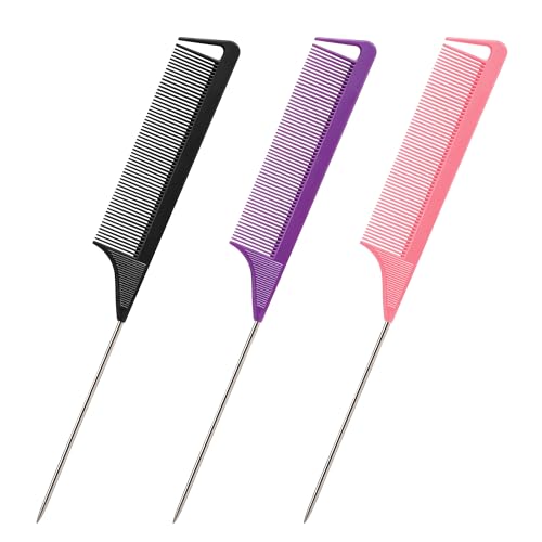 Salon-Style Rat Tail Combs Set - Steel Pin Teasing & Parting Combs for Hair Styling - Purple, Black, Pink