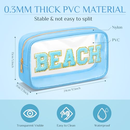 Cunno 12 Pcs Preppy Clear Cosmetic Bags Bulk Appreciation Gifts DIY Chenille Letter Makeup Pouch Transparent Beach Zipper Pouches PVC Travel Toiletry Organizer for Women