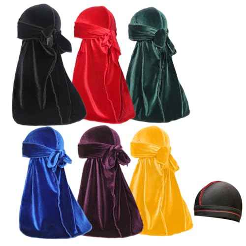 Velvet Durags for Men Wave Cap 6 Pieces Premium Do Rags Set for Men Women with Long Tail and Wide Strap