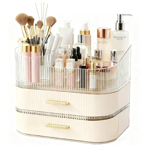 Makeup Organizer for Vanity with Stackable Drawers, 360 Rotating Makeup Brush Holder Large Cosmetic Display Case for Dresser, Bathroom Countertop Skincare Storage, Ideal Gift for Girls (3-layer)
