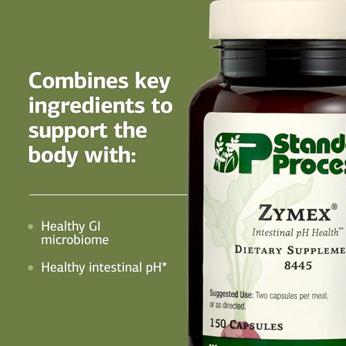 Standard Process Zymex Capsules - Digestive Health Support - Supports Intestinal Health & Balanced pH - Gut Health Supplement with Rice Bran, Spanish Moss, Carrots & Beets - Non-Dairy - 150 Capsules