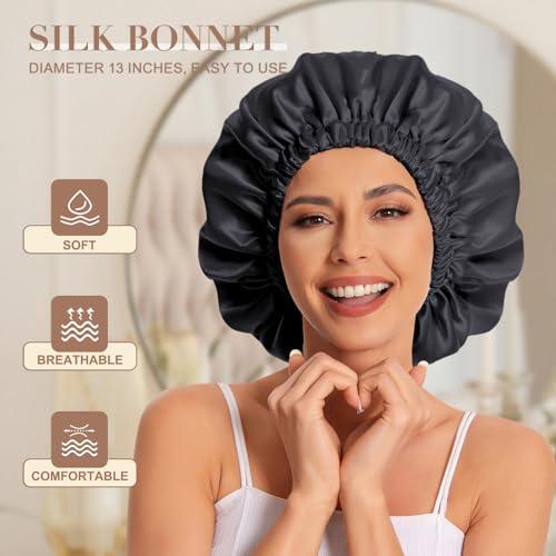 Satin Bonnet Sleep Cap for Curly Hair - 2 Pack Black