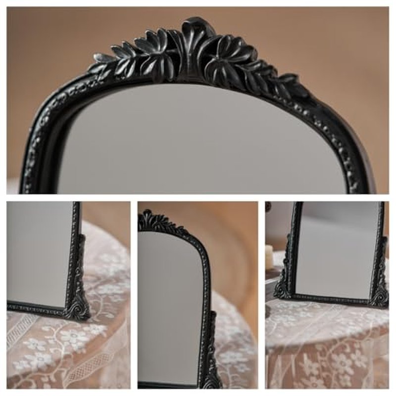 Vintage Black Vanity Makeup Mirror, Antique Arch Table Mirror with Carved Resin Frame, Small Standing Mirror for Bedroom, Living Room, Tabletop (13.2" x 12.8")