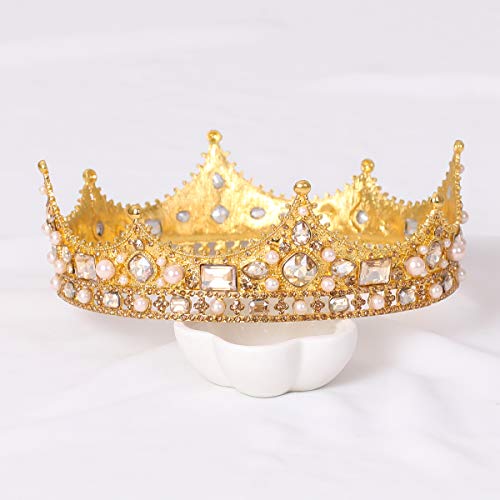 FORSEVEN King Crown for Men - Crystal Pearl Wedding Tiara