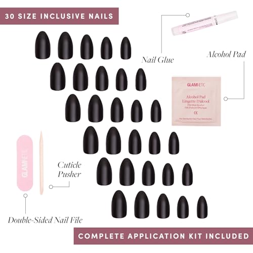 Glamnetic Press-On Nails & Adhesive Nail Tabs - Boba | Opaque Black Short Almond Nails, Reusable | 12 Sizes - 24 Nail Kit with Adhesive Tabs