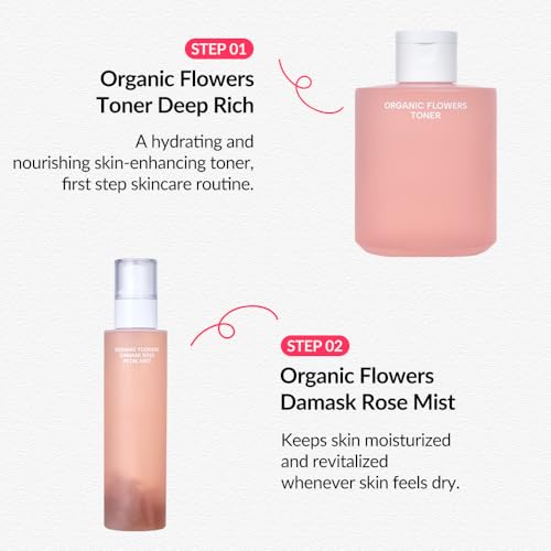 Whamisa Organic Flowers Damask Rose Petal Mist, Facial Mist Spray, Waterless Formula, Fermented Ingredient Formula, Hydration, Portable, Korean Skin Care (100ml)