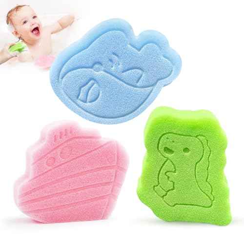 Baby Bath Sponge, Natural Cute Shapes Soft Shower Sponges for Bathing, Bathtub Foam for Infants and Toddler, 3pcs : Blue Whale, Pink Ship, Green Dinosaur